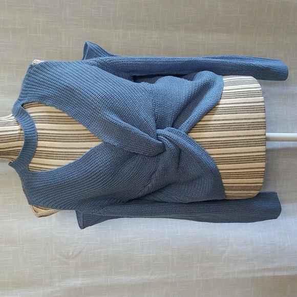 Blue Chocker twisted Ribbed Sweater Cold Shoulder Crop Wear Two Ways Size XL - Picture 2 of 14